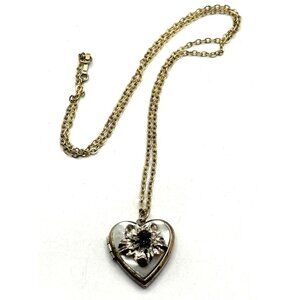 Estate gold filled mother of pearl rhinestone flower heart locket necklace